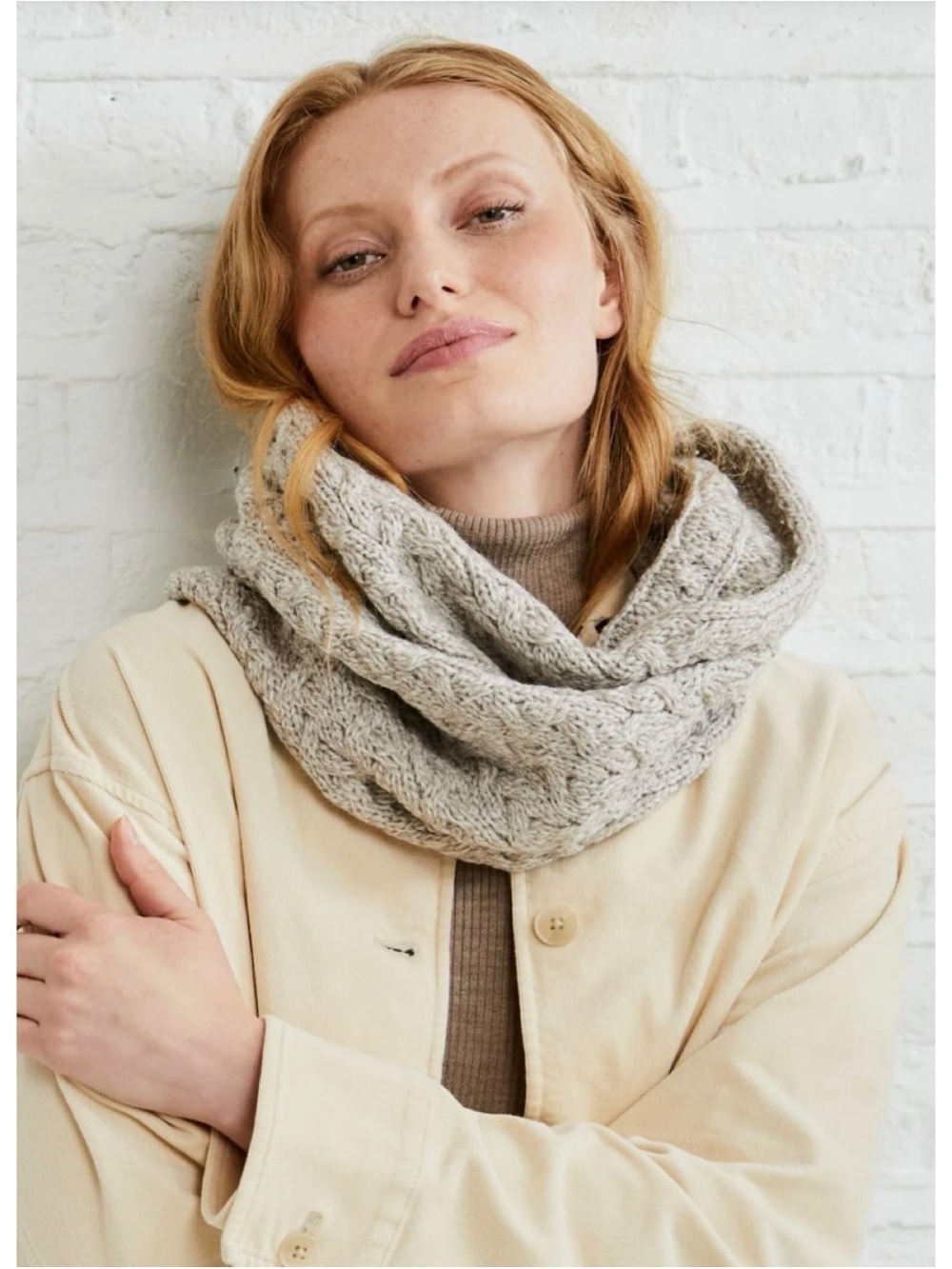 Aran Woolen Mills Supersoft Merino Newport Cable Snood in Oat Made in Ireland